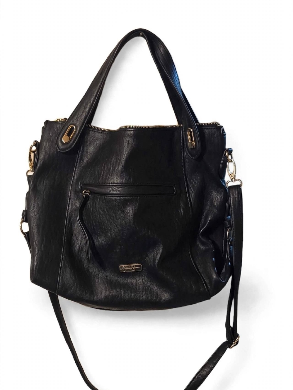 Jessica Simpson Black Leather Shoulder Tote with Gold Hardware